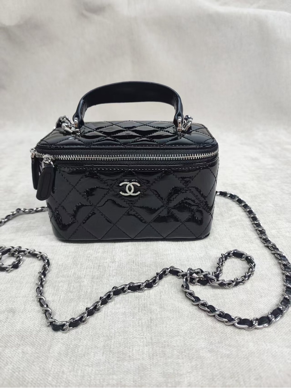 CHANEL Black Quilted Patent Crossbody with Silver Chain